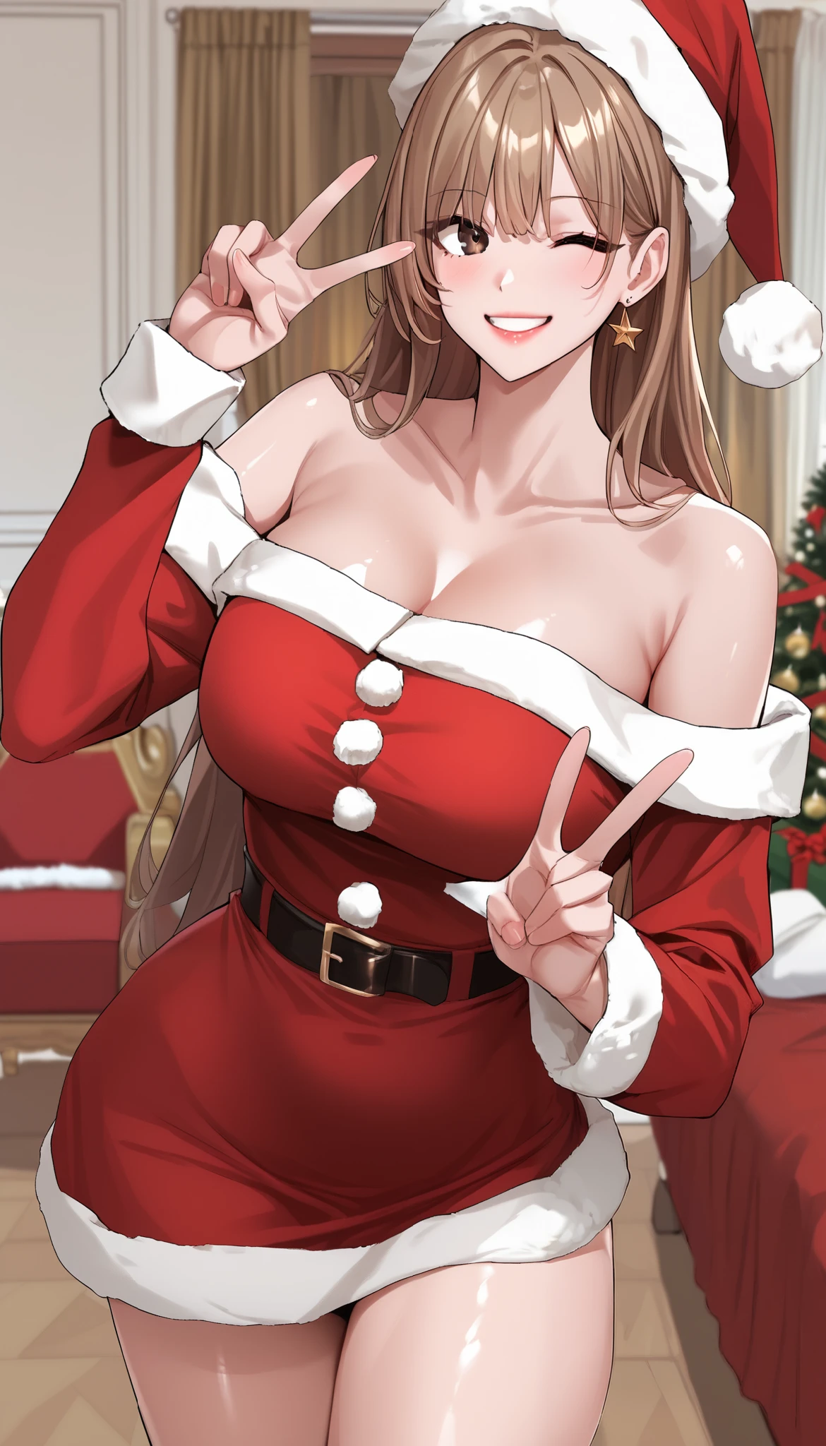 score_9, score_8_up, score_7_up, score_6_up, source_anime, rating_explicit, masterpiece, best quality, amazing quality, 1girl, solo, Kim Ga-eul, brown eyes, brown hair, long hair, (santa claus costume, long sleeve, off-shoulder, santa claus hat), medium breast, cleavage, wide hips, beautiful eyes, looking at viewer, wink, smile, close mouth, double v gesture, standing, cowboy shot, shiny skin, detailed background, indoors, bedroom