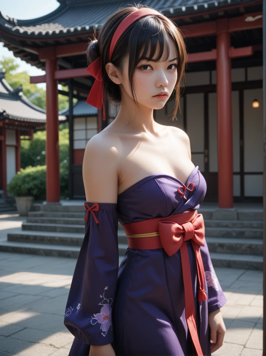 Ayane,  headband , Ayanedef,  strapless dress , heart, Bare shoulders,  purple detachable sleeves,  purple knee high, Japanese clothing, Purple Dress,  Red Back Bow ,  One girl , Alone, Kunai, Serious, East Asian architecture
Masterpiece ,  top quality 