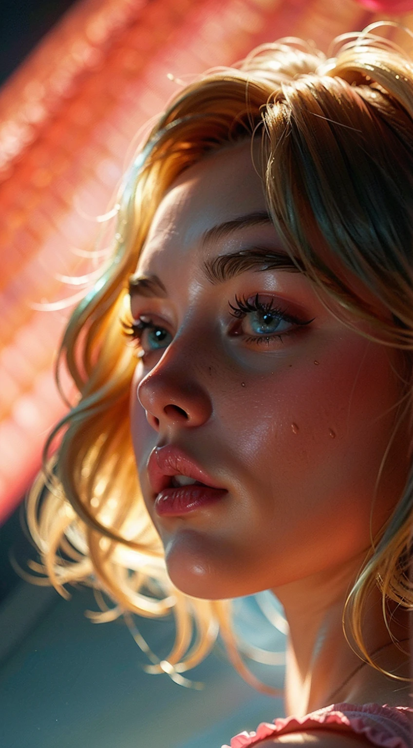 (((ultra realistic))) Photo, masterpiece, top quality, (pale skin), (Ultra detailed face and eyes:1.3), 1 girl, Adult, In Lifchik, ((Eye makeup, pink mascara)), ((large detailed lips)), ((pink wavy hair)), ((Chyolka)) , (Natural breasts), Slim waist. ((Posing)), photoshoot, studio (contour lighting), (The play of light and shadows), depth of field, bokeh, (special attention to skin detail: 1.2), Detailed leather texture, skin pores. (Light atmosphere of the frame. Color range - delicate, Bright, Yellow tones), UDR, ((Film grain)), ((rays)), (Glare), ((Photo from the back)) , ultra detialed,