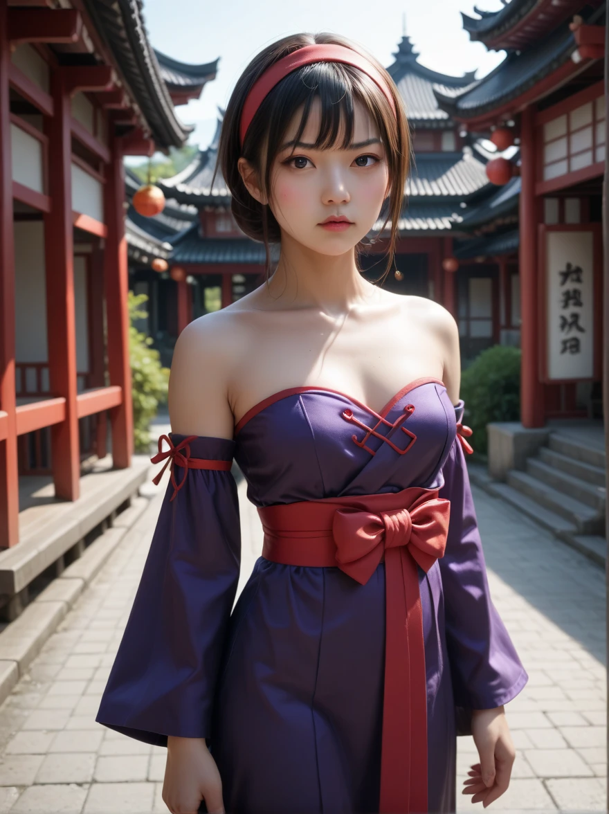 Ayane,  headband , Ayanedef,  strapless dress , heart, Bare shoulders,  purple detachable sleeves,  purple knee high, Japanese clothing, Purple Dress,  Red Back Bow ,  One girl , Alone, Kunai, Serious, East Asian architecture
Masterpiece ,  top quality 