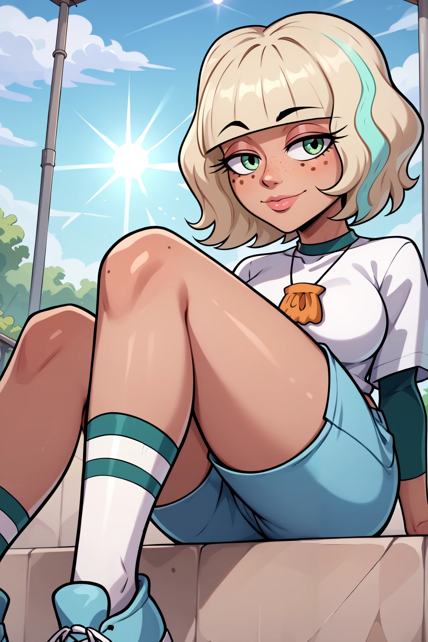 ((jackie lynn thomas)), ((masterpiece)), ((cartoon style)), {(attractive figure), (eccentuated curves), (tan skin), (freckles), (short bleach-blonde hair), (green eyes), (half lidded eyes), (long eyelashes), (lush lips), (cute smile)}, {(white shirt), (turquoise shorts), (white striped socks), (light blue shoes)}, ((park)), ((sun rays))