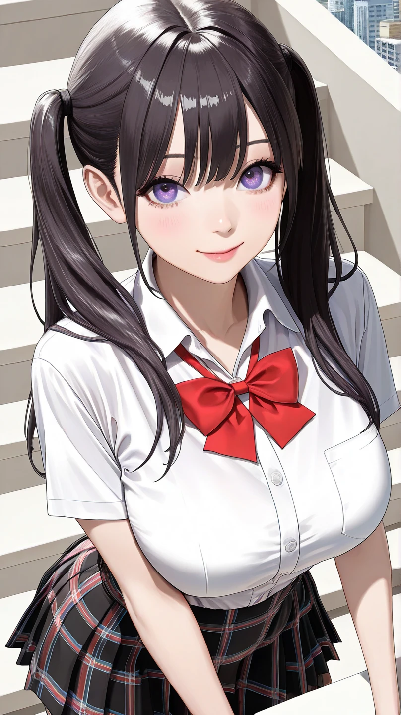 ((table top, highest quality, High resolution, nffsw, perfect pixel,  4k, nffsw, nffsw))), 1 girl, single, alone, Beautiful woman、I could see the whole body、 (long hair、twin tails, bangs, black hair)), ((purple eyes, beautiful eyelashes, realistic eyes)), ((detailed face, blush:1.2)), ((smooth texture:0.75, realistic texture:0.65, realistic:1.1, Anime CG style)), Big breasts that are about to burst:1.7, dynamic angle, perfect body,  ((red bow tie, , white shirt, black skirt, plaid skirt)), city stairs、Looking up from the bottom of the stairs、Very embarrassing panic smile, looked back、lean forward、(The wind flipped my skirt and exposed my butt..........................、touch your butt with both hands、Lace T-back panties)、