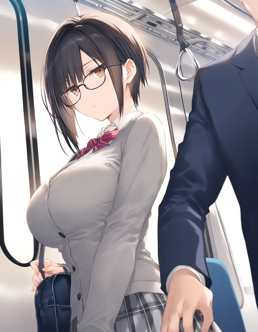  One girl ,   ,  school uniform,  Shorthair,  Beautiful breasts ,Big Breasts、 Glasses, jitome,   open mouse, train_ interior , Game CG break ,(( artist :_)),( artist :Mitsumi_Misato),( artist : Fujiyama ),,(masterpiece), ( top quality ), ( Ultra Detailed),   very aesthetic  , up to date, BEAUTY ILLUSTRATION , super detailed skins,  (masterpiece), ( top quality ), ( Ultra Detailed),   very aesthetic   lighting,hi resolution, absurd_resolution,2023,2024,(There is a shadow), digital media  ( artwork),  realistic lighting , 4K, 8k, lower angle 　crowd　Middle-aged man　Sneaking up　Molester　nsfw(1.5) A man looks at his chest　GROUP SEXUAL HARASSMENT 　A man grabs his butt (1.4)