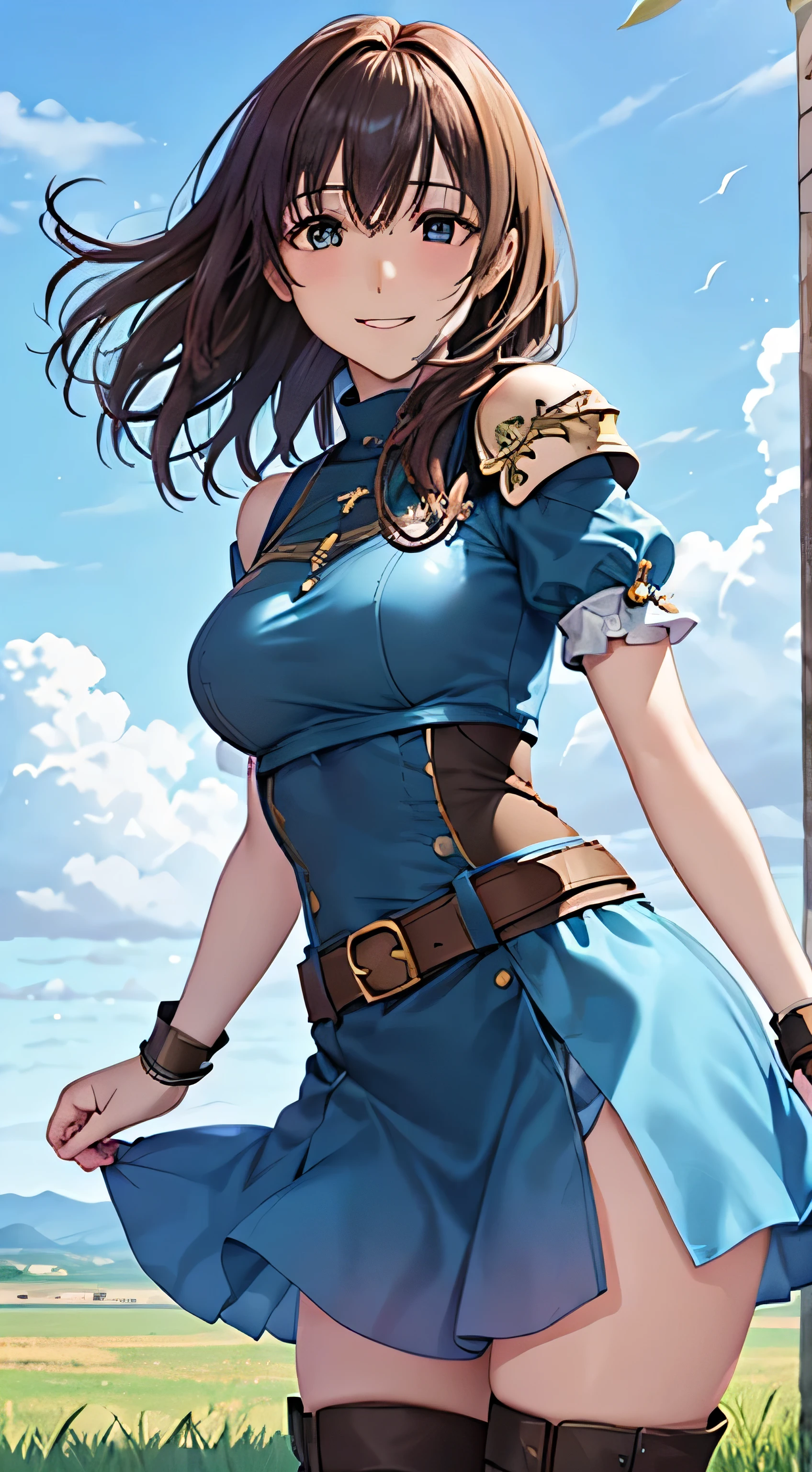 (( ,  top quality,  ,     Pixel Perfect , 4K,))),   1 Woman  , 、 ((   medium wave hair    、,    light brown hair  、 )), ((    brown eyes  ,     beautiful eyelashes ,    realistic    eyes)), ((     detailed face     , )), ((    smooth texture:0.75,    realistic    texture:0.65,    realistic   :1.1,     anime CG style)),    pose using medium bust  ,     dynamic angle ,     perfect body , (( , ,, , , ,  Blue Dress  ,   blue long flared skirt,Gold Shoulder Armor  、  knee-high boots  ,   gold and black arm guards , belt、 、)),  ((( with no sense of incongruity ,   hold the skirt with your hand)))、 cross necklace 、 the wind is blowing  、 ( Vast Prairie )、I can see the sea in the distance 、、、 、 cute smile、(Bright Red Shy Smile )  、 Stick Out Your Butt、、、、white and light blue lace panties) 、 lean forward、 angle from below