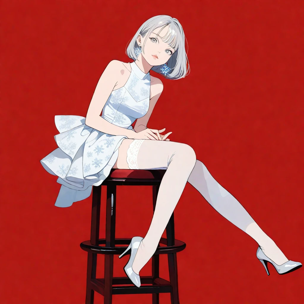 ((masterpiece)), ((top quality)), depth of field, high res, pops art style illustration, flat color illustration, vector trace illustration, not realistic, 2d shading, red theme, 1 female, 21 yo, cowboy shot, beautiful, charming, elegant, sitting on a stool, feminine gestures, perfectly detailed eyes, perfectly detailed face, perfect face, silver hair, bob hair, silver eyes, thin lips, bare shoulders, (balanced hands and fingers), (beautiful hands and fingers shape), slim waist, wearing a chiffon dress over a white bodysuit, snowflake earrings, white sheer stockings, pearl white heeled pumps, vivid red background, simple background