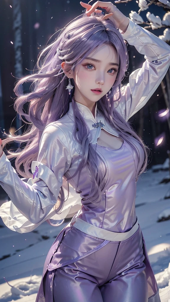 (logo、masterpiece、8k、table top、RAW photo、wonderful、最high quality、Photorealistic and hvery detailed CG integrated 8k wallpaper、high quality、very detailed、Narrative poem、particle effects、dynamic effects、written boundary depth、cinematic light、Lens flare、ray tracing)、fantasy、 (1 beautiful woman、light pink hair、beautiful face、real face、beautiful detailed eyes、beautiful skin、woman dancing gracefully:1.7、woman dancing gracefully:1.7)、Hair flutters in Wind、hair bouncey hair dances in the wind、hair jump、halter neck、leather pants、leather jacket、silver earrings、night、Wind、darkness、snow and hoarfrost、very cold winter day、snow-capped mountainや森、hoarfrost、snow-capped mountain々、The beauty and brilliance of frost-covered trees、Serenity and beauty meadow of ice and snow world、vast land、Lakeside、wonderful scenery、Beautiful natural wind scenery、night sky、Wind、cherry blossoms、cherry blossomsの花びらが舞っている、SakuraFubuki、falling petals