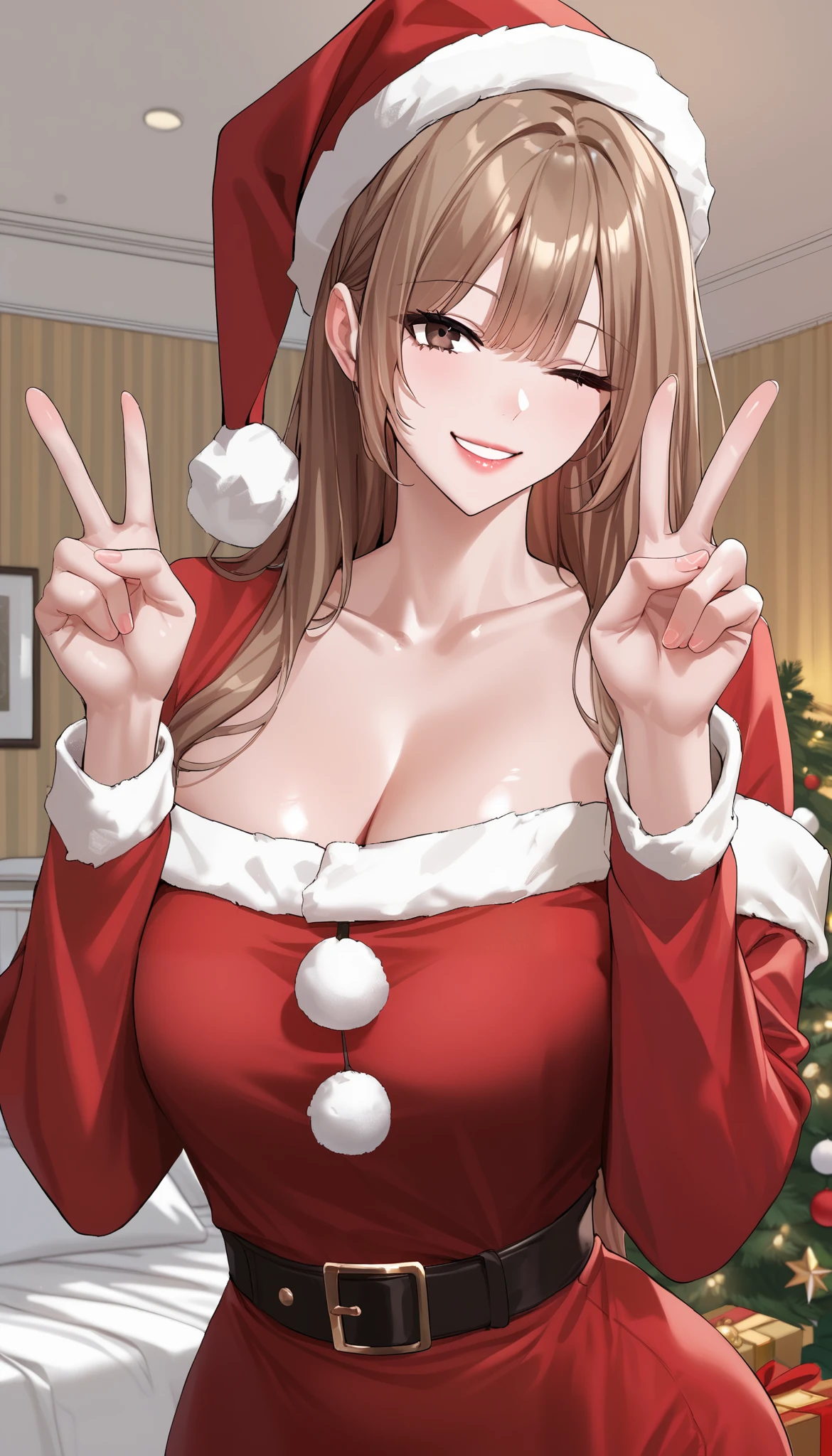 score_9, score_8_up, score_7_up, score_6_up, source_anime, rating_explicit, masterpiece, best quality, amazing quality, 1girl, solo, Kim Ga-eul, brown eyes, brown hair, long hair, (santa claus dress, long sleeve, off-shoulder, santa claus hat), medium breast, cleavage, wide hips, beautiful eyes, looking at viewer, wink, smile, close mouth, double v gesture, standing, cowboy shot, shiny skin, detailed background, indoors, bedroom