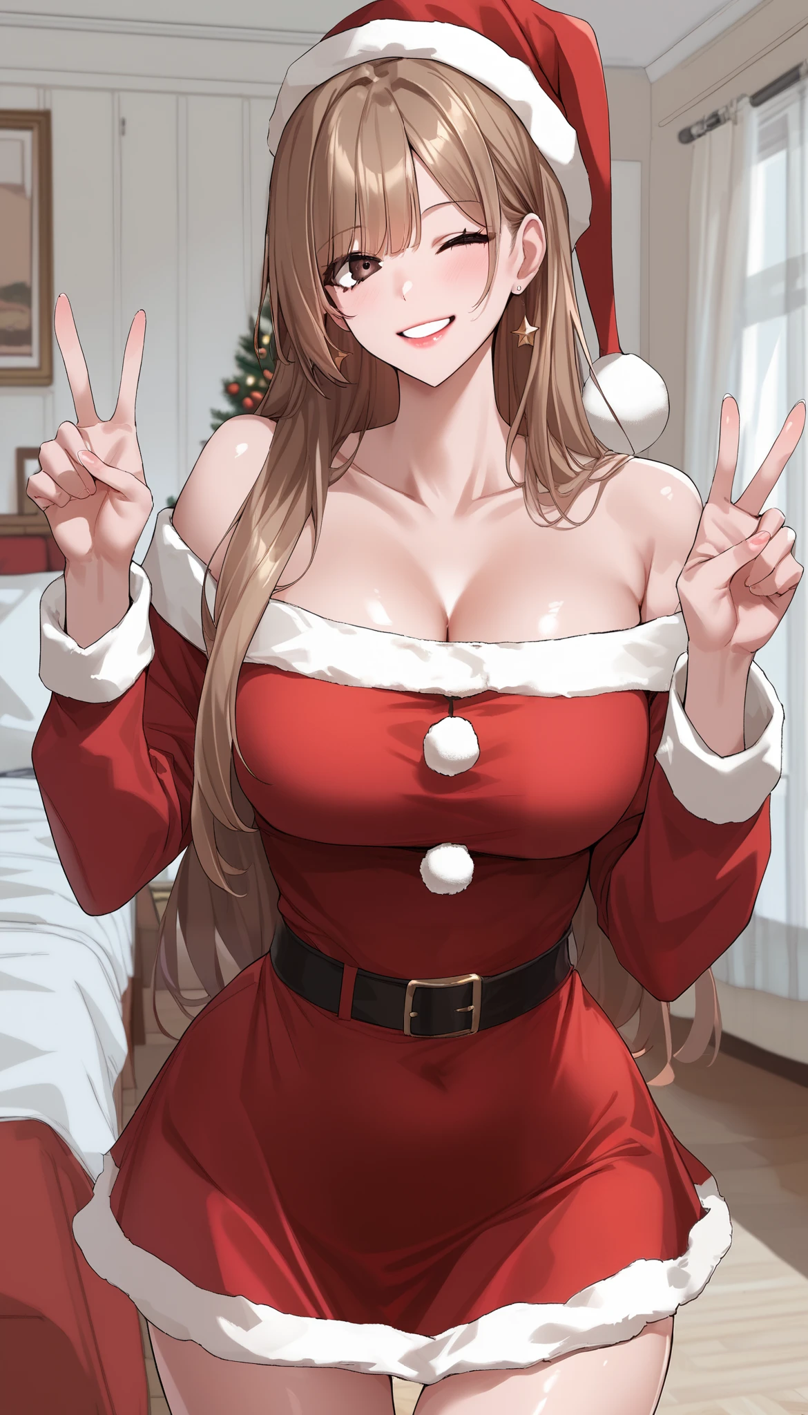 score_9, score_8_up, score_7_up, score_6_up, source_anime, rating_explicit, masterpiece, best quality, amazing quality, 1girl, solo, Kim Ga-eul, brown eyes, brown hair, long hair, (santa claus dress, long sleeve, off-shoulder, santa claus hat), medium breast, cleavage, wide hips, beautiful eyes, looking at viewer, wink, smile, close mouth, double v gesture, standing, cowboy shot, shiny skin, detailed background, indoors, bedroom