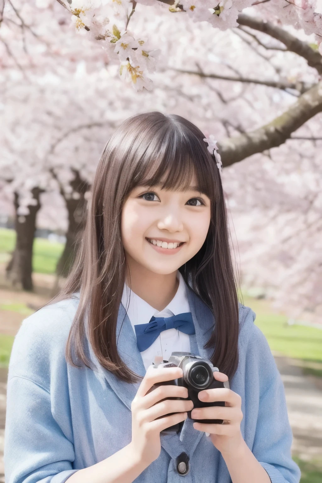 One girl taking pictures under cherry blossoms,  character profile, bangs,  smiles, solo,  shooting test model, 