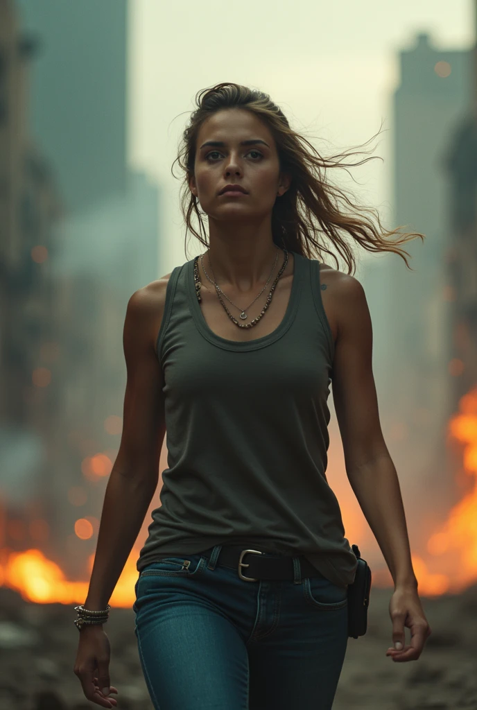 Foto hiperrealista en primer plano de 20 years old Alicia Vikander, masterpiece, best quality, (photorealistic:1.4), full body, she is dirty, (dirty white t-shirt, dirty green tactical pants), dirty clothes with stains, Depict a rural landscape in the rugged style of the game's concept art. This work should evoke a sense of abandonment and despair in a futuristic, post-apocalyptic world. Notice the intricacies of detail, the sharp focus, grey sky, cinematic light, beautiful woman, skinny, medium breasts, straight dark blond  hair, detailed face, photo taken from a distance