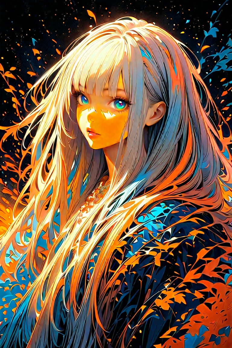 fwk, 1girl, solo, limited palette, black background, a beautiful anime girl, detailed oil painting, intricate detailed face, expressive eyes, glossy lips, long flowing hair, detailed clothing, elegant pose, lush garden background, sunlight filtering through trees, vibrant colors, dynamic brushstrokes, masterpiece, photorealistic, 8k, ultra-detailed, high quality, studio lighting, physically-based rendering
