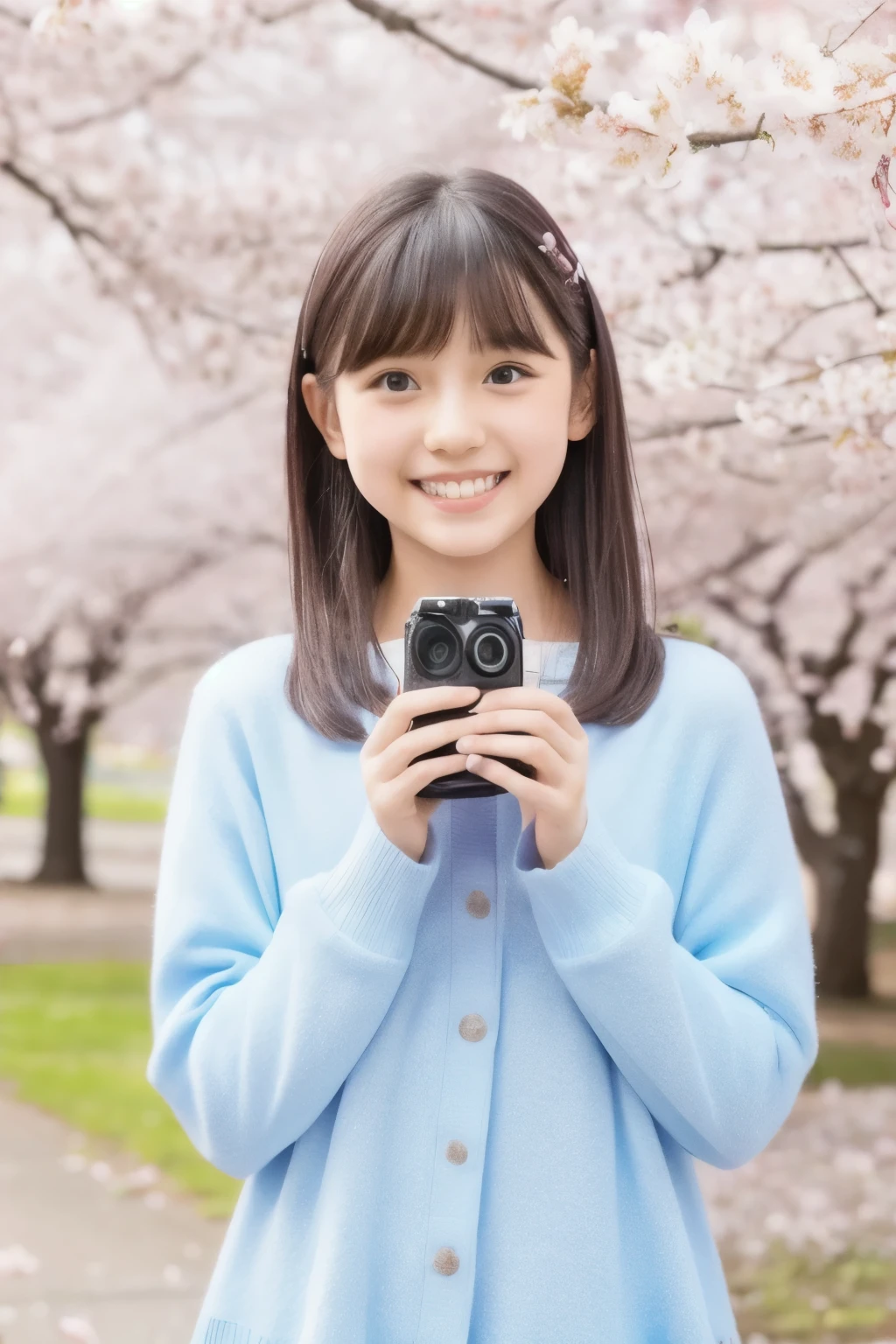 One girl taking pictures under cherry blossoms,  character profile, bangs,  smiles, solo,  shooting test model, 