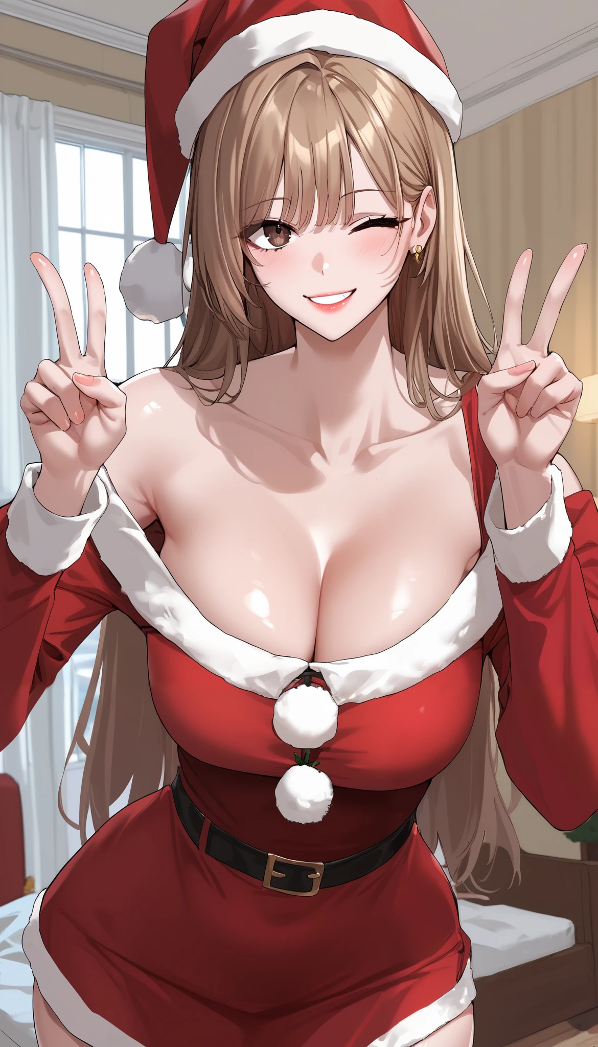 score_9, score_8_up, score_7_up, score_6_up, source_anime, rating_explicit, masterpiece, best quality, amazing quality, 1girl, solo, Kim Ga-eul, brown eyes, brown hair, long hair, (santa claus dress, long sleeve, off-shoulder, santa claus hat), medium breast, cleavage, wide hips, beautiful eyes, looking at viewer, wink, smile, close mouth, double v gesture, standing, cowboy shot, shiny skin, detailed background, indoors, bedroom