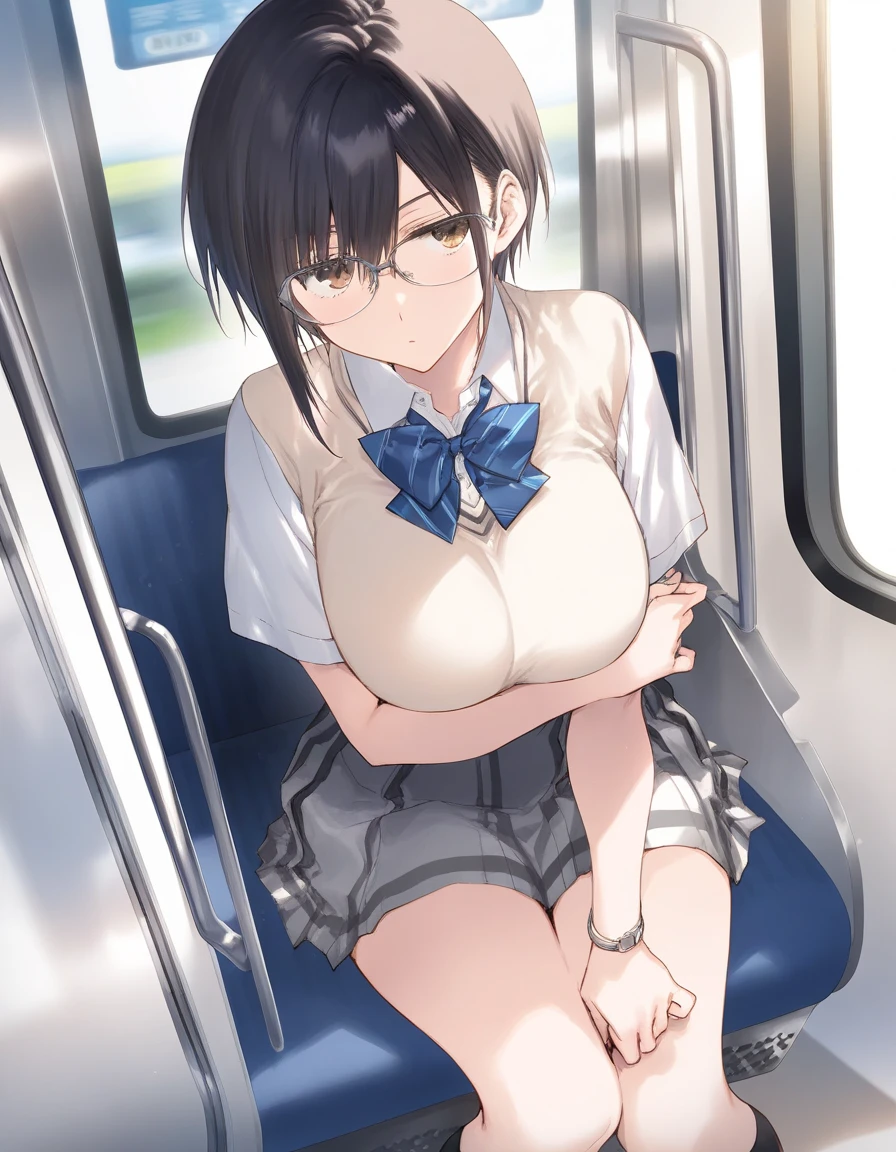 A naked middle-aged man inserts his penis into the vagina of a crying girl with black bob hair, erect nipples, pale pubic hair, topless, no underwear, and a checkered skirt, who is shy and scared and resists, on a train.、whole body
