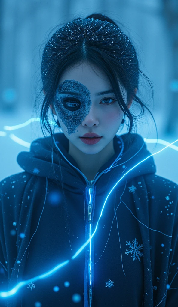 Create a symmetric portrait of a young female evil frozen necromancer. Her figure dissolves into thin, luminescent blue lines of frozen magic. Weighted Voronoi stippling and laser caustics form a network, transitioning from hyperrealistic details to abstract, quantum-inspired forms. Ethereal hues blend, evoking a sense of existential transition and mystery. Focus closely on her face, with an evil skull partially visible. The backdrop features a twilight arctic scene, with icy winds rippling through her tattered robes. The scene should be rendered in a fusion of photorealism and digital surrealism, illuminated by ghostly Northern Lights. Emphasize a cold, menacing atmosphere, with a movie-like quality and exquisite details.