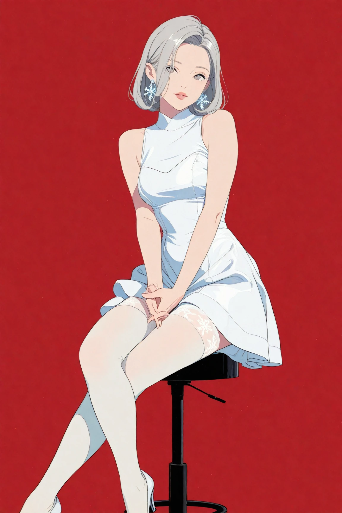 ((masterpiece)), ((top quality)), depth of field, high res, pops art style illustration, flat color illustration, vector trace illustration, not realistic, 2d shading, red and black theme, 1 female, 25 yo, mature, cowboy shot, mature face, beautiful, charming, elegant, sitting on a stool, feminine gestures, perfectly detailed eyes, perfectly detailed face, perfect face, silver hair, bob hair, silver eyes, thin lips, bare shoulders, (balanced hands and fingers), (beautiful hands and fingers shape), slim waist, wearing a chiffon dress over a white bodysuit, snowflake earrings, white sheer stockings, pearl white heeled pumps, vivid red background, simple background