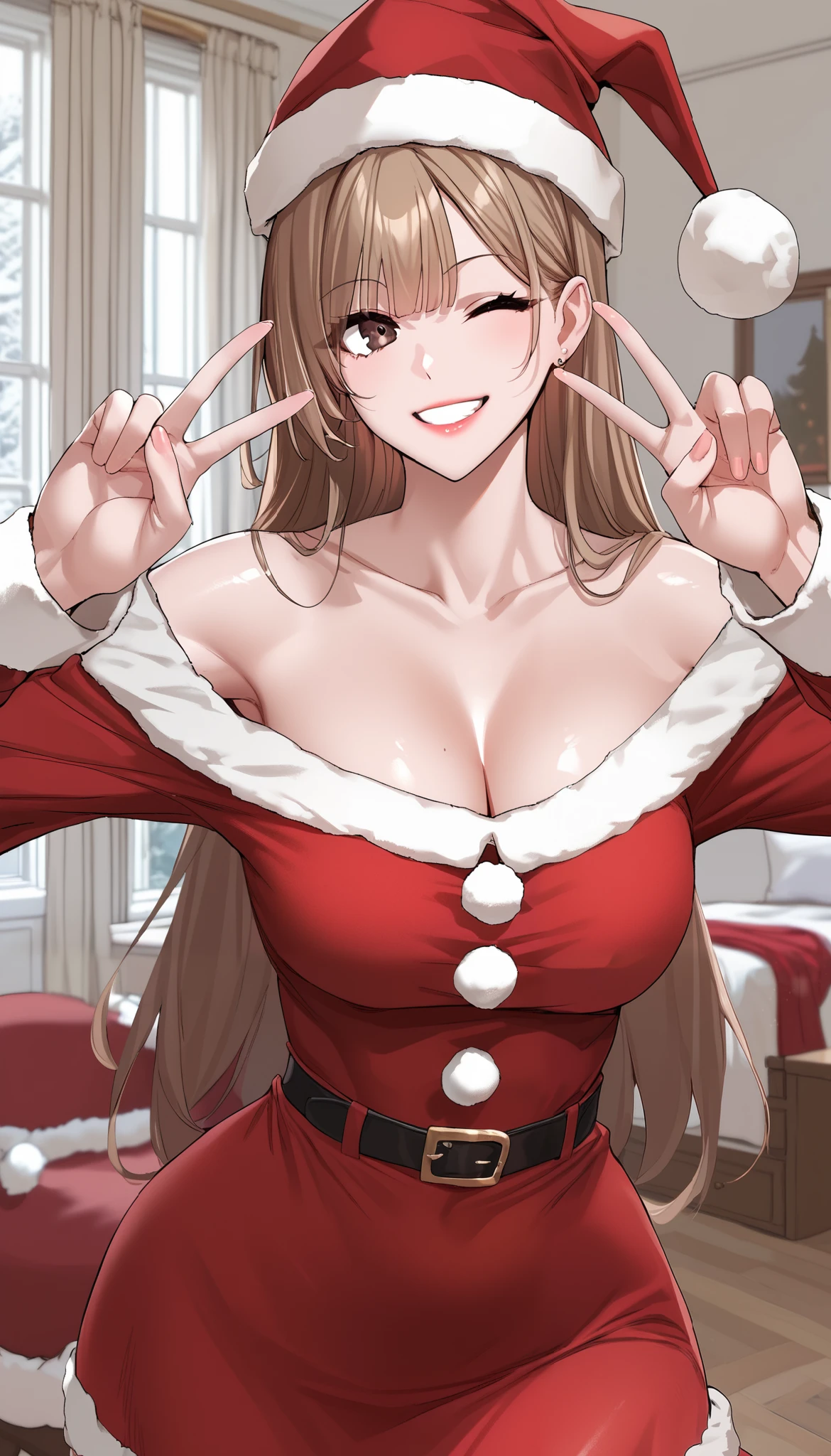 score_9, score_8_up, score_7_up, score_6_up, source_anime, rating_explicit, masterpiece, best quality, amazing quality, 1girl, solo, Kim Ga-eul, brown eyes, brown hair, long hair, (santa claus dress, long sleeve, off-shoulder, santa claus hat), medium breast, cleavage, wide hips, beautiful eyes, looking at viewer, wink, smile, close mouth, double v gesture, standing, cowboy shot, shiny skin, detailed background, indoors, bedroom