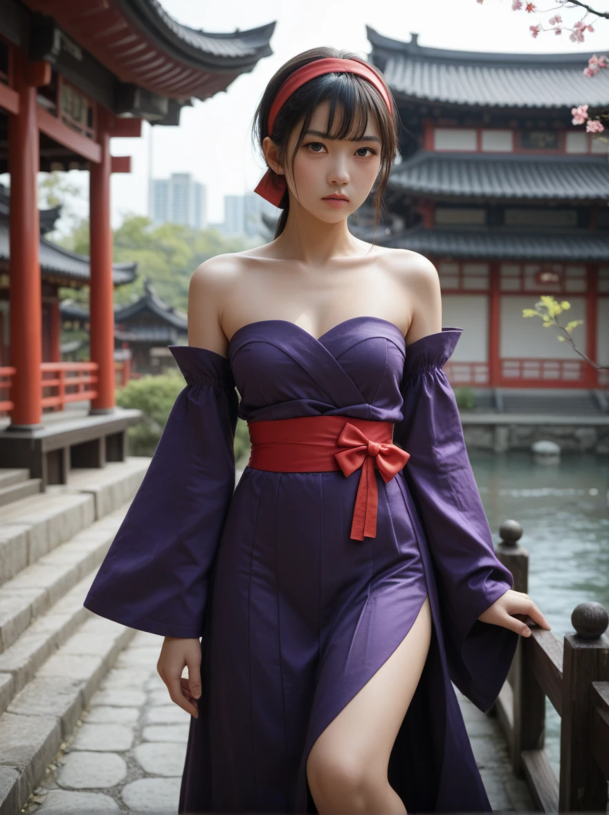 Ayane,  headband , Ayanedef,  strapless dress , heart, Bare shoulders,  purple detachable sleeves,  purple knee high, Japanese clothing, Purple Dress,  Red Back Bow ,  One girl , Alone, Kunai, Serious, East Asian architecture
Masterpiece ,  top quality 