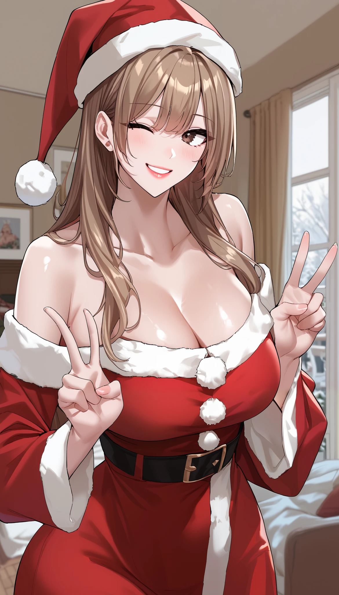 score_9, score_8_up, score_7_up, score_6_up, source_anime, rating_explicit, masterpiece, best quality, amazing quality, 1girl, solo, Kim Ga-eul, brown eyes, brown hair, long hair, (santa claus dress, long sleeve, off-shoulder, santa claus hat), medium breast, cleavage, wide hips, beautiful eyes, looking at viewer, wink, smile, close mouth, double v gesture, standing, cowboy shot, shiny skin, detailed background, indoors, bedroom