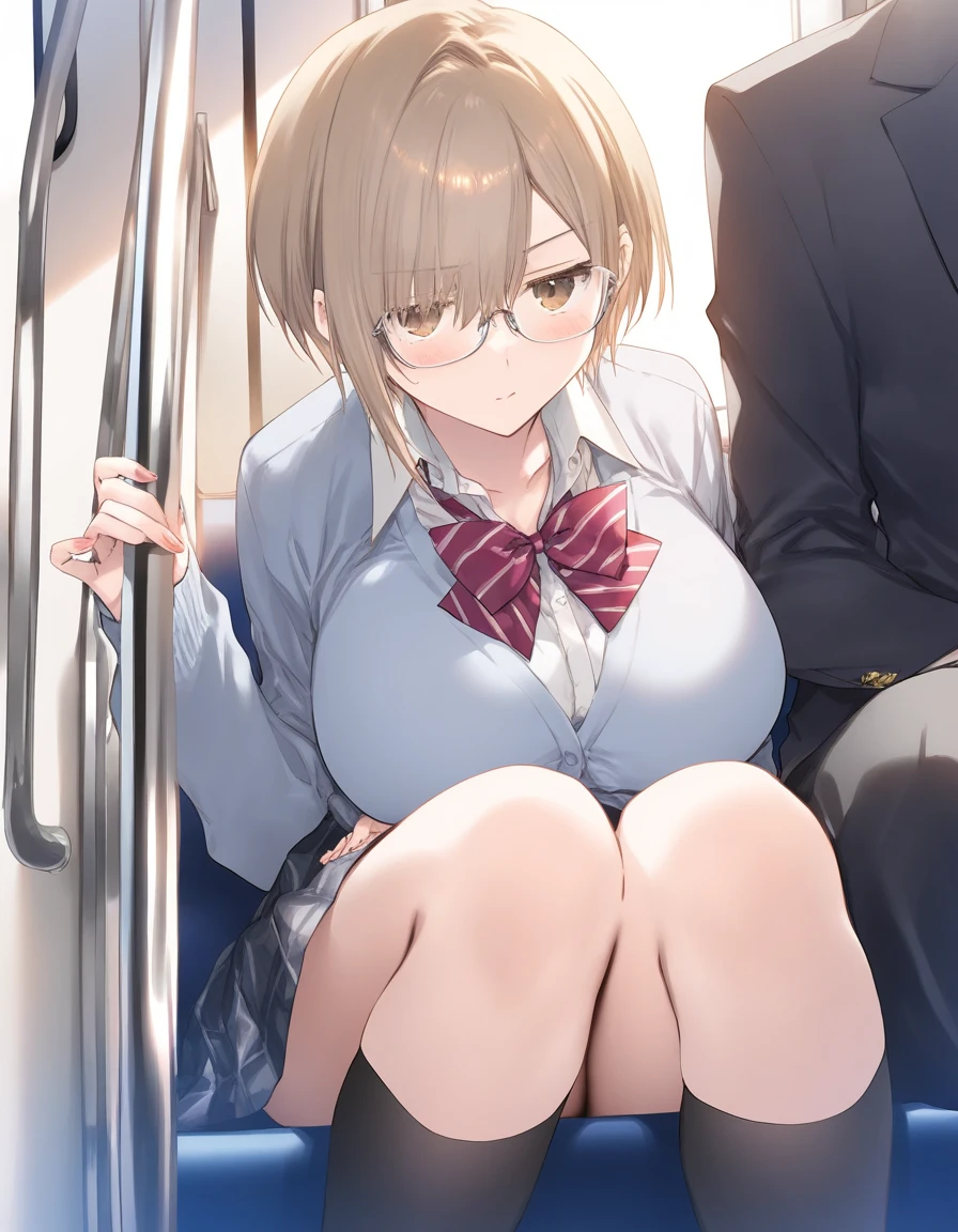  One girl ,   ,  school uniform,  Shorthair, boyish 、  Beautiful breasts ,Big Breasts、 Glasses, jitome,   open mouse, train_ interior , Game CG break ,(( artist :_)),( artist :Mitsumi_Misato),( artist : Fujiyama ),,(masterpiece), ( top quality ), ( Ultra Detailed),   very aesthetic  , up to date, BEAUTY ILLUSTRATION , super detailed skins,  (masterpiece), ( top quality ), ( Ultra Detailed),   very aesthetic   lighting,hi resolution, absurd_resolution,2023,2024,(There is a shadow), digital media  ( artwork),  realistic lighting , 4K, 8k, lower angle 　crowd　Middle-aged man　Sneaking up　different.(1.5) nsfw(1.5) A man looks at his chest　GROUP SEXUAL HARASSMENT 　A man grabs his butt (1.4)　Spectacle