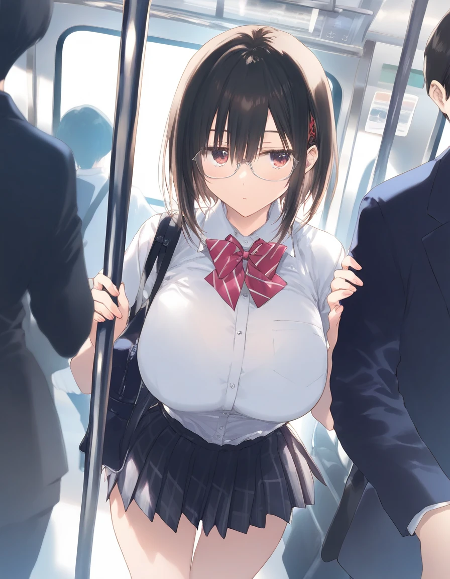 Mature cute busty high school girl crying while being raped by a man while standing on a crowded train、