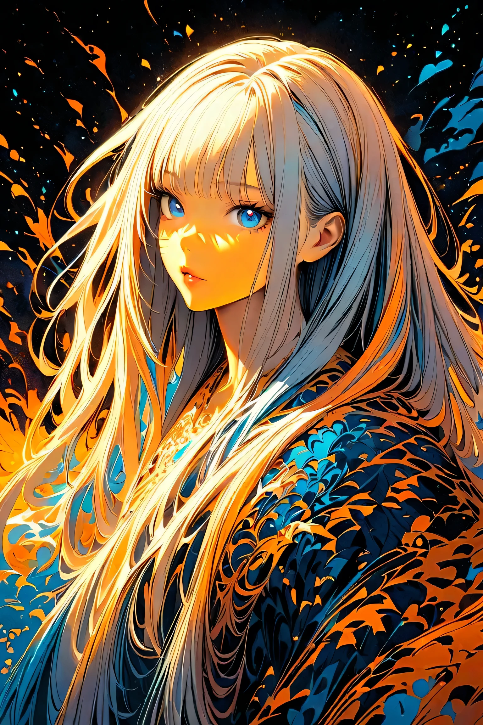 fwk, 1girl, solo, limited palette, black background, a beautiful anime girl, detailed oil painting, intricate detailed face, expressive eyes, glossy lips, long flowing hair, detailed clothing, elegant pose, lush garden background, sunlight filtering through trees, vibrant colors, dynamic brushstrokes, masterpiece, photorealistic, 8k, ultra-detailed, high quality, studio lighting, physically-based rendering
