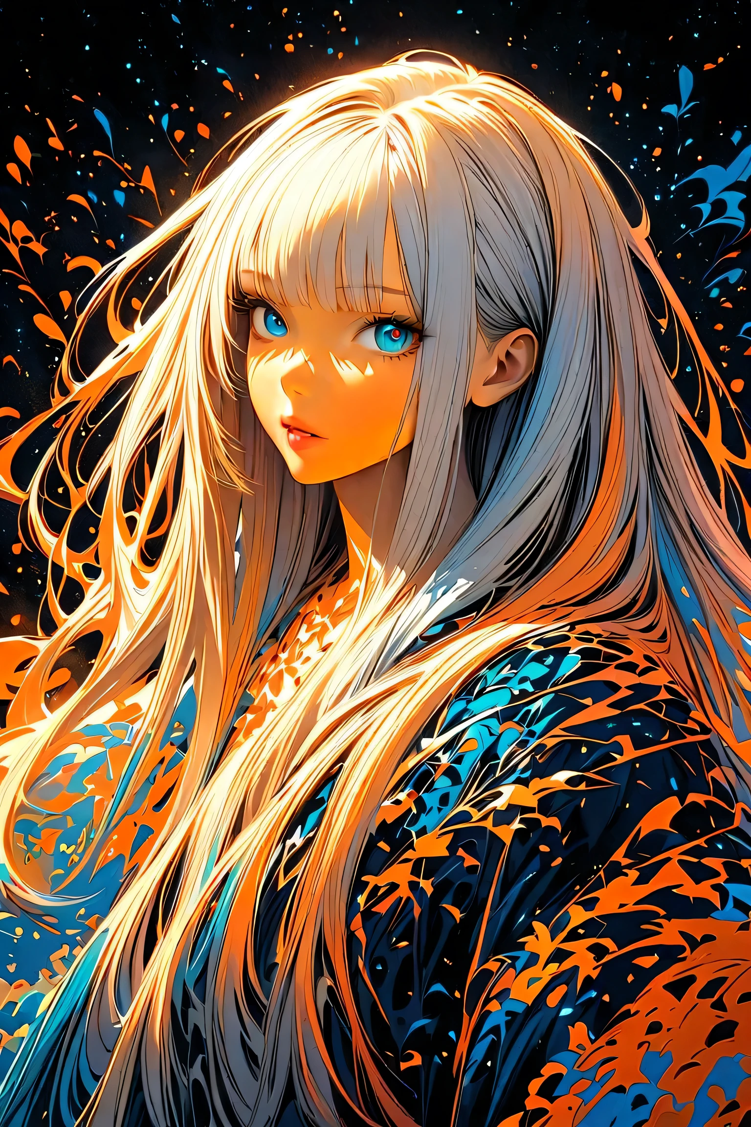 fwk, 1girl, solo, limited palette, black background, a beautiful anime girl, detailed oil painting, intricate detailed face, expressive eyes, glossy lips, long flowing hair, detailed clothing, elegant pose, lush garden background, sunlight filtering through trees, vibrant colors, dynamic brushstrokes, masterpiece, photorealistic, 8k, ultra-detailed, high quality, studio lighting, physically-based rendering
