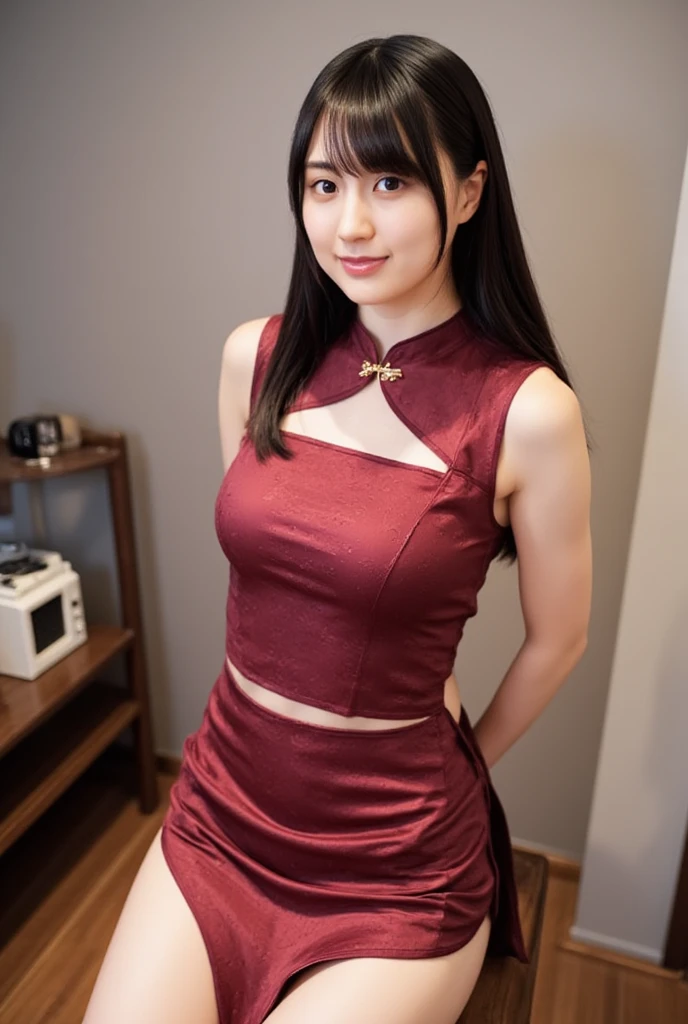 (((top-down configuration:1.4))), (best quality:1.4), (ultra highres:1.2), (photorealistic:1.4), (16k, RAW photo:1.2), (portrait shot:1.3), professional lighting, Japanese goddess, gravure, detailed face and skin texture, detailed eyes, looking at camera, nsfw, beautiful eyes, detailed eyes, beautiful face, detailed face, ((shy:1.3)), (highest quality), glowing skin, (smooth lighting:1.2), (cinema lighting:1.2), (brown long hair), (bangs:1.4), (((China dress:1.2)), ((cheongsam:1.5)), (wine red dress), (brocade dress:1.3), sleeveless, (((emphasize cleavage:1.5))), (((cleavage cutout:1.8))), (((clothing cutout))), ((tight mini skirt:1.6)), ultra detailed dress, (gold decoration), (bare thighs:1.4), (bare legs:1.2), sitting down, leaning forward, (arms behind head:1.3), (emphasize armpit:1.4), (slender:1.6), (from slightly side)