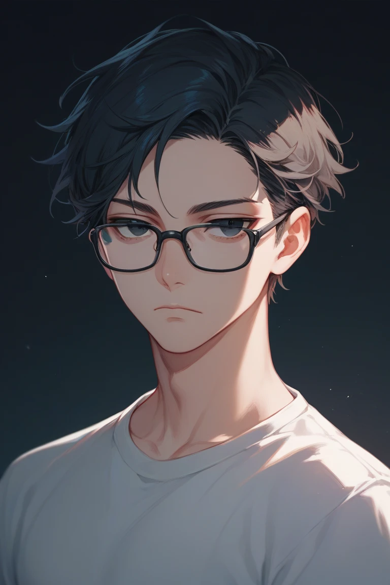 black and short hair, black eye, Upturned eyes, shirt, black glasses, Expressionless, pretty boy