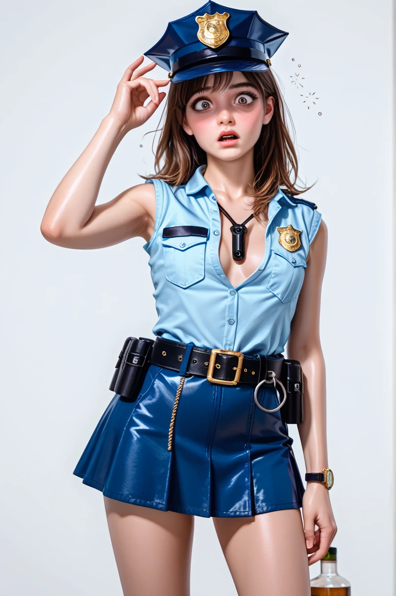  One girl ,Achika Lisa,( viewers:1.0),( slender body:1.2),(Blushed face:1.0),real skin ,small breasts,  shiny hair ,  Super Detailed Black Eyes,( Equipped Police Belt :1.5),( watch ),( shot from the front:1.2),24K,(Standing in a sexy pose:1.2),(Drunk:1.2),(Surprised:1.0),(mini length police skirt:1.2),(rolled up sleeveless police shirt ),Captivating thighs,( unmanned white background in the center of the screen:1.5),(Naturally :1.0),(( real:1.0)),(( realistic :1.0)),((Piece on chest :1.5)),(( cowboy shot:1.5))