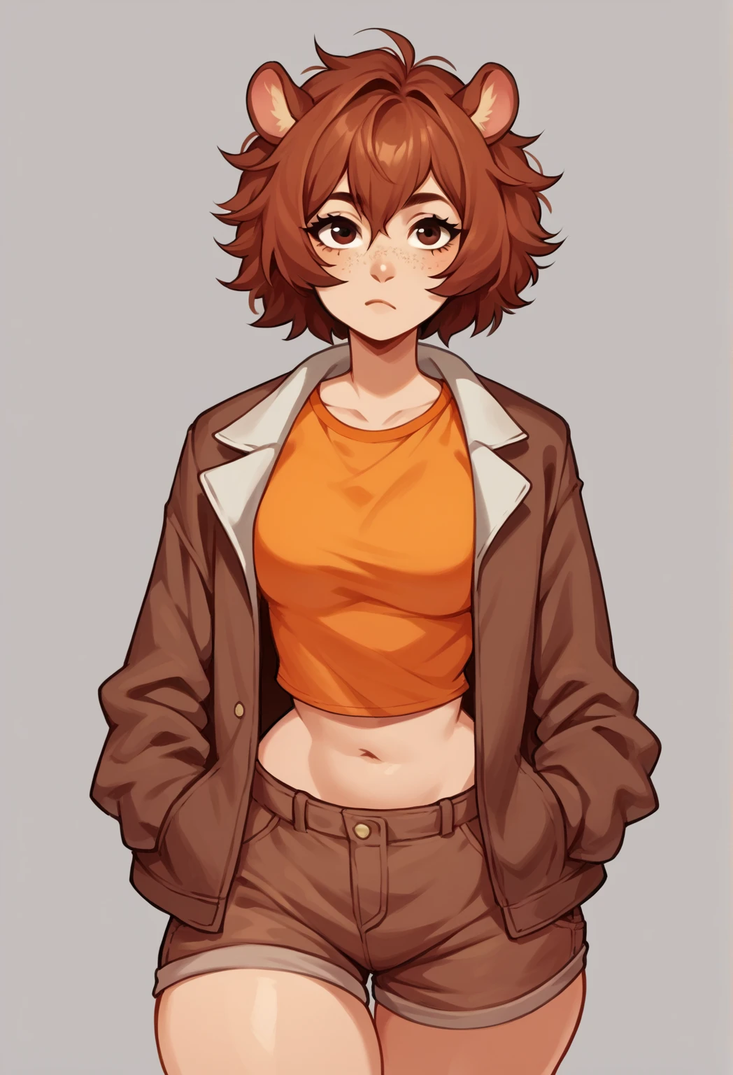 score_9, score_8_up, score_7_up, score_6_up, score_5_up, score_4_up, (source_anime), squirrel girl, big thighs, short messy hair, 1girl, solo, freckles, brown pilot jacket, brown shorts, thicc, orange crop top, marvel squirrel girl, wide body, wide hips, brown eyes