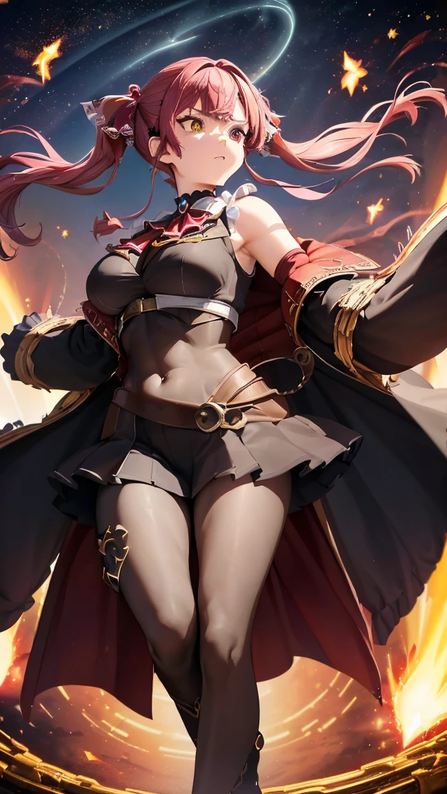 Solo female, Adult beautiful woman, red long hair, yellow eyes, glowing eyes, fire, ancient powers, controlls the fire, exotic, mysterious, confidant, measures 75-40-95, wears a black coat, has fire powers, small waist, confidant, long legs, big legs, big ass, highly voluptuous thighs, extremely detailed face, (perfect anatomy), red and black armor,