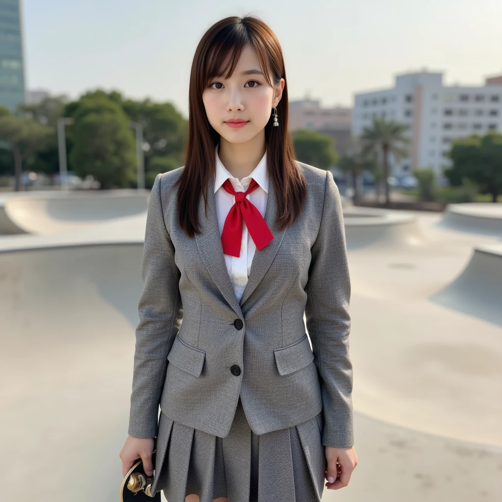 ultra-realistic, photorealistic, dramatic scene, shadow, global-illumination, solo, (teenage Japanese famous idol girl:1.5), very beautiful Japanese girl, very beautiful with very cute but boyish cool face, (medium breasts), slim waist, (wearing a gray colored Japanese high school cute uniform of white shirt with blazer and skirt, red ribbon:1.2), (medium breasts), She is holding a skateboard, at on skateboard park, (full body)