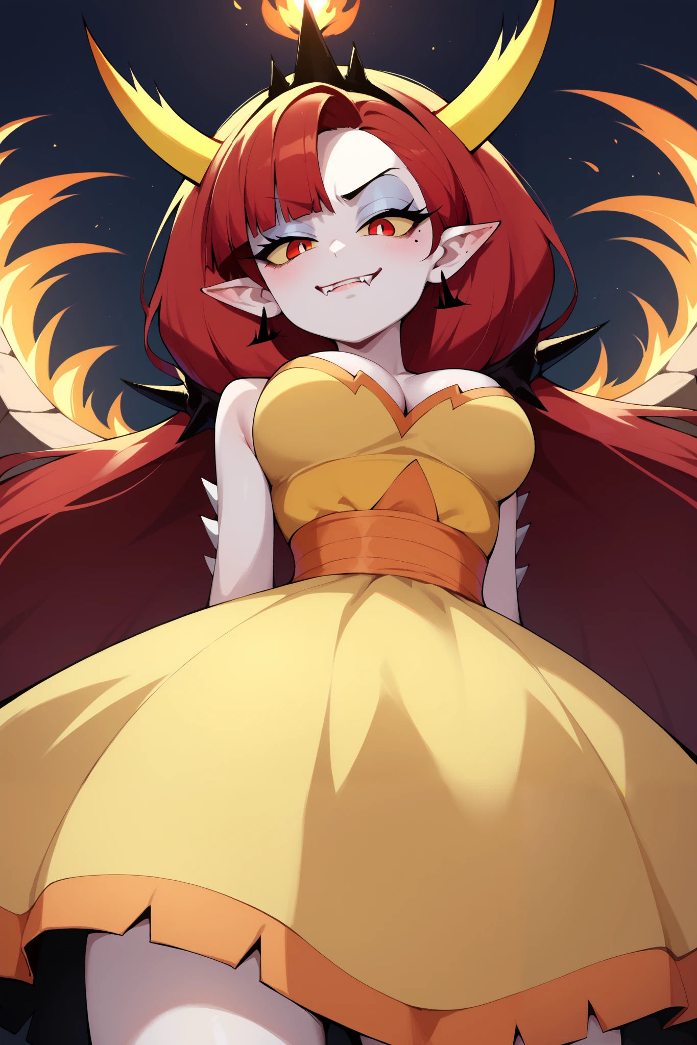 ((hekapoo)), ((masterpiece)), ((cartoon style)), ((low angle view)), {(attractive figure), (eccentuated curves), (white skin), points on arms), (pointy elf ears), (yellow horns), (long red hair), (red eyes yellow sclera), (half lidded eyes), (long eyelashes), (fangs), (smug smirk)}, {(big yellow fiery dress), (cleavage with mole), (black flaming crown)}