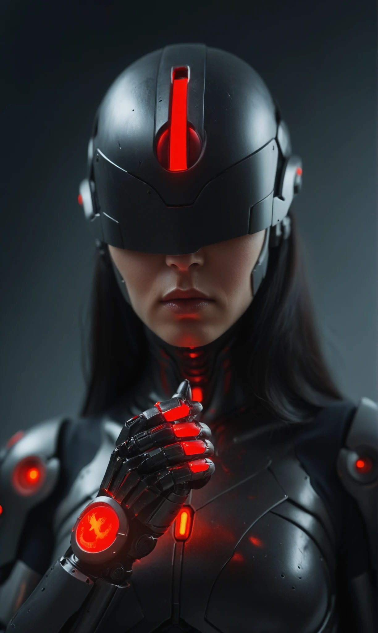 score_9, score_8_up, score_7_up,, 1girl, upper body, cyborg, no face helmet, clenching hand, looking at own hand, black hair, long hair, upper body, red and black cyborg armor,   mcnm, red glow,  , mate black, dark mood,