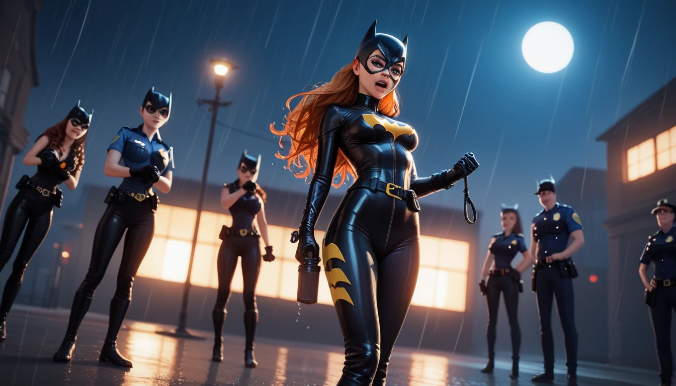 wide angle, 18+ Figures, high resolution photo of a skinny batgirl, long hair, wearing a torn black leather batgirl costume, volumetric lighting, cinematic, masterpiece, dark rainy night, hands tied, hardly walking through group of police, her body groped, her hair pulled, police torning pieces of her costume, her hair and body is wet,
