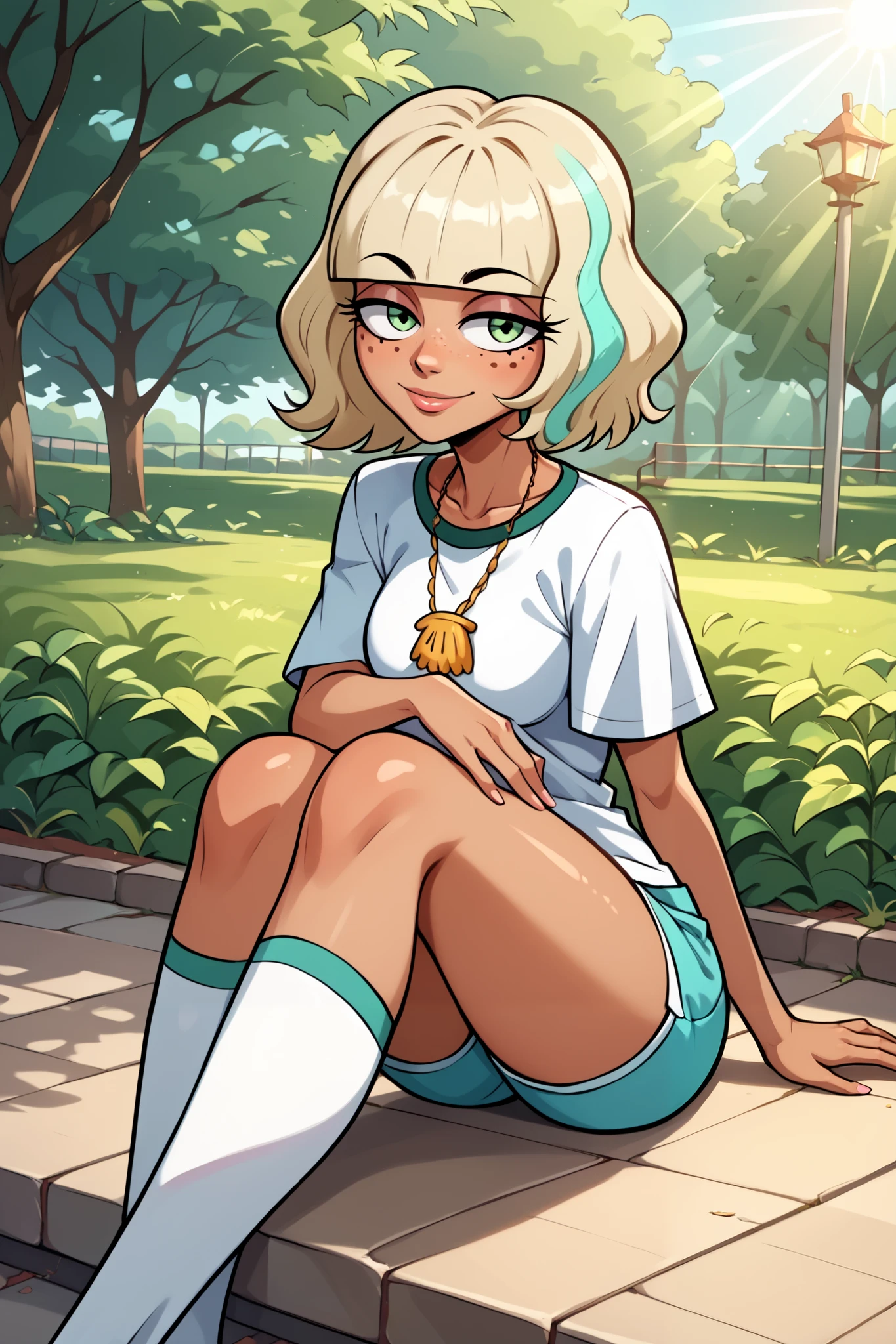 ((jackie lynn thomas)), ((masterpiece)), ((cartoon style)), {(attractive figure), (eccentuated curves), (tan skin), (body freckles), (short bleach-blonde hair), (green eyes), (half lidded eyes), (long eyelashes), (lush lips), (cute smile)}, {(white shirt), (turquoise shorts), (white striped socks), (yellow shell necklace)}, {(sitting), (looking at viewer)}, ((park)), ((sun rays))