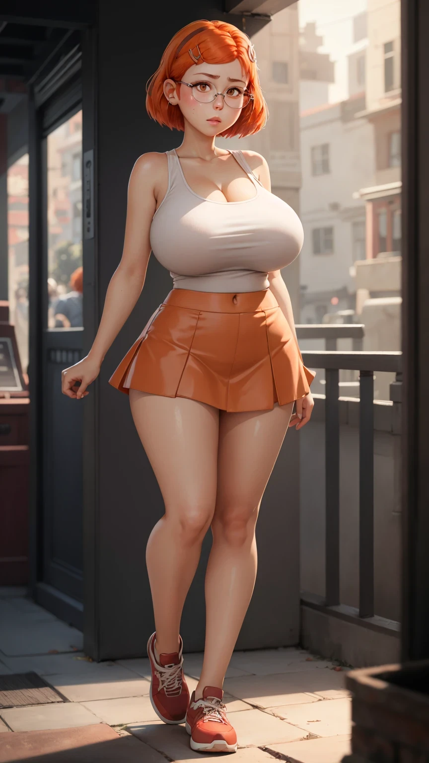 (best quality:1.4),(shiny skin), body focus, (cute face), (((best quality))), illustration, ((Beautiful Finger)), , Beautiful body, Beautiful character design, ,perfect lighting, Colorful, Bright_Front_face_Lighting, ultra high res, highres, absurdres:1.2, bokeh:1.2, lens flare, (vibrant_color:1.2), (Beautiful, big breasts:1.4), full body view, tight mini skirt, adult, adult,
Reddish-orange hair, red hairclip, circular glasses, (brown eyes:1.2), tank top, serious, tall, long legs