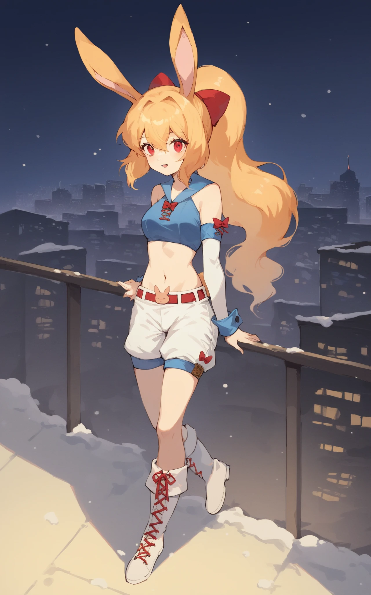 score_9, score_8_up, score_7_up,((best quality)), absurdres, ((full body)), ASYKWPXL,crop top, white crop top, detached sleeves, white sleeves, bare shoulders, red eyes, white animal ears, ponytail, boots, vanilla hair, white shorts, midriff, snow white skin, rabbit ears, light-skinned female, night, city, building roof, slim, rabbit girl, standing