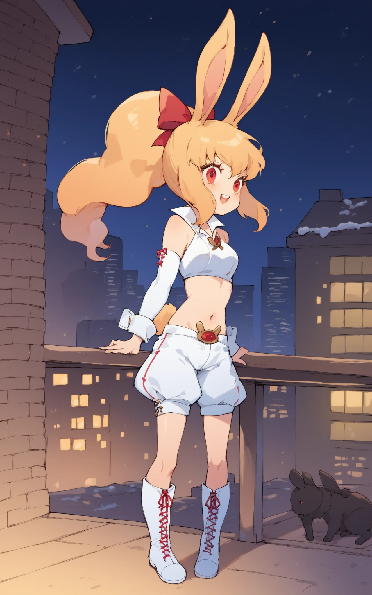 score_9, score_8_up, score_7_up,((best quality)), absurdres, ((full body)), ASYKWPXL,crop top, white crop top, detached sleeves, white sleeves, bare shoulders, red eyes, white animal ears, ponytail, boots, vanilla hair, white shorts, midriff, snow white skin, rabbit ears, light-skinned female, night, city, building roof, slim, rabbit girl, standing