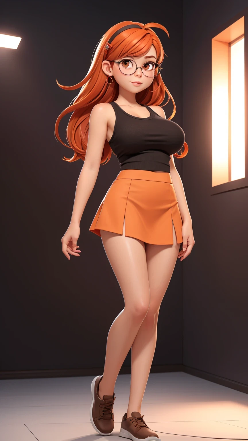 (best quality:1.4),(shiny skin), body focus, (cute face), (((best quality))), illustration, ((Beautiful Finger)), , Beautiful body, Beautiful character design, ,perfect lighting, Colorful, Bright_Front_face_Lighting, ultra high res, highres, absurdres:1.2, bokeh:1.2, lens flare, (vibrant_color:1.2), (Beautiful, big breasts:1.4), full body view, tight mini skirt, adult, adult,
Reddish-orange hair, red hairclip, circular glasses, (brown eyes:1.2), tank top, serious, tall, long legs