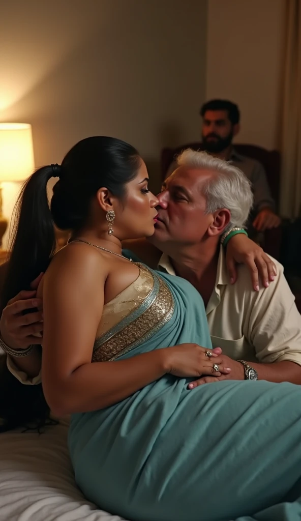 A 25 year old beautiful South Indian plus sized blue colour glittered skirt and blue colour chiffon blouse wearing teacher and her friend kissing a 68 year old man in bed room,