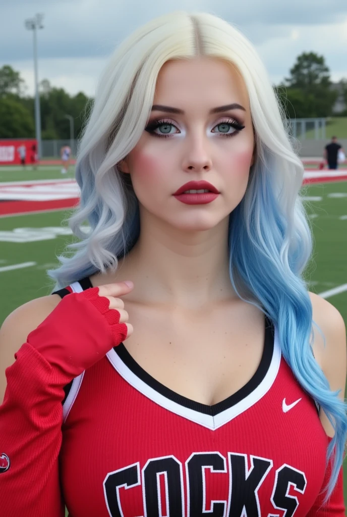 age 18, slim, e-girl, goth girl,( Masterpiece, 4k resolution, ultra-realistic, very detailed) long white hair with blue highlights, blue eyes, football field background, small breasts, sexy red college cheerleader outfit, shirt says "COCKS",