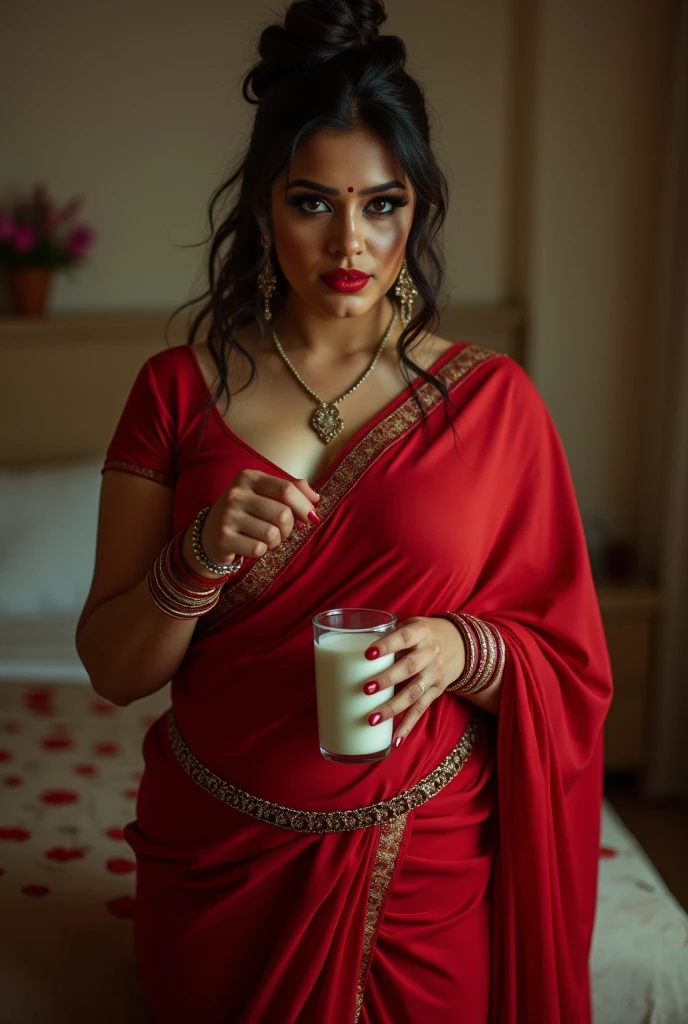 Curvy body woman, standing in bed room, milk in hand, night lightings, red saree and red blouse, sexy navel, hip chain around waist, red lips, thick black eyeliner, sexy black eyelashes, bangles in hand, deep cleavage, milk in hand, lust face, detailed makeup, hair tied around head, flowers in head, lips open, mangalsutra, round bindi in forehead, curvy ass, excellent details, thick arms, 8k details, room details, full view. 