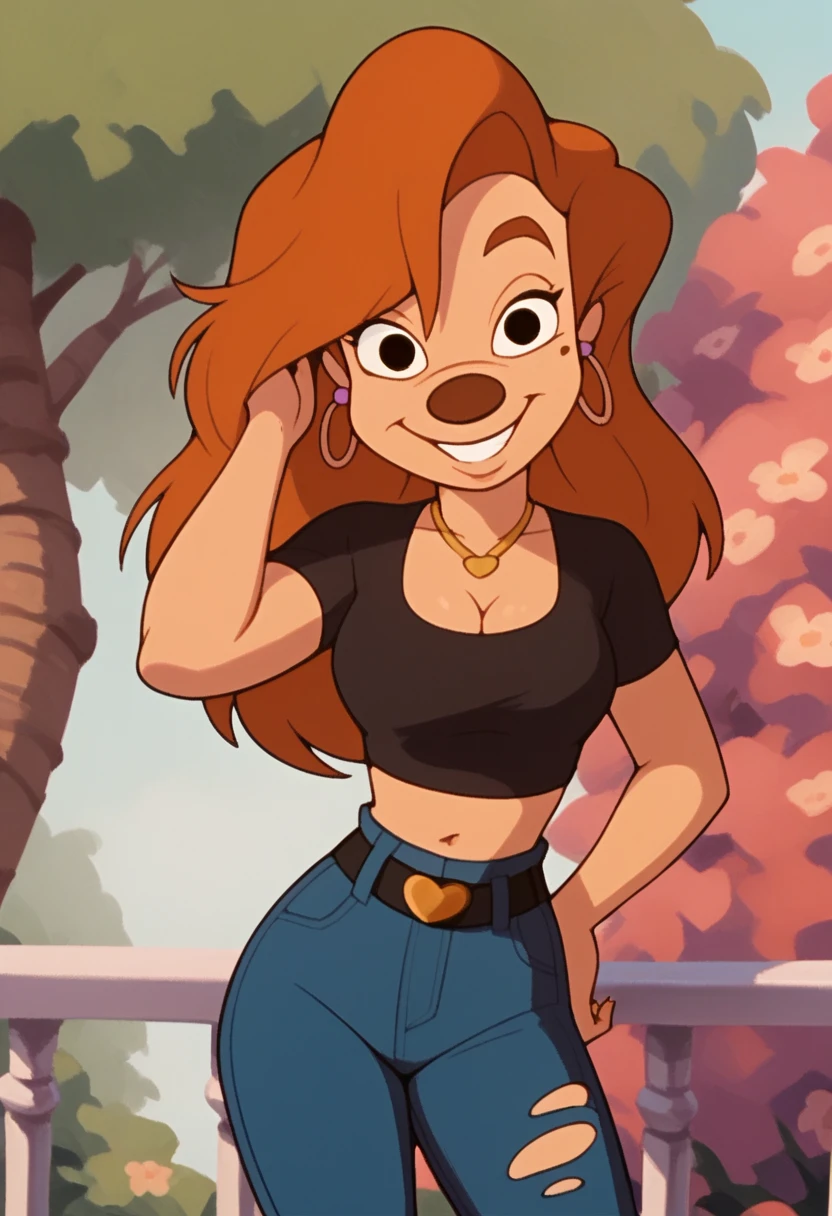 roxanne, 1girl, brown hair, long hair, solo, gold hoop earrings, jewelry, black eyes, black clothing cutout, black crop top, cleavage, smile, furry female, black clothes around waist, torn jeans, belt, score_9, score_8_up, score_7_up, score_6_up, score_5_up, score_4_up, looking at viewer, hand on own hip, cowboy shot, hand in own hair, outdoors,