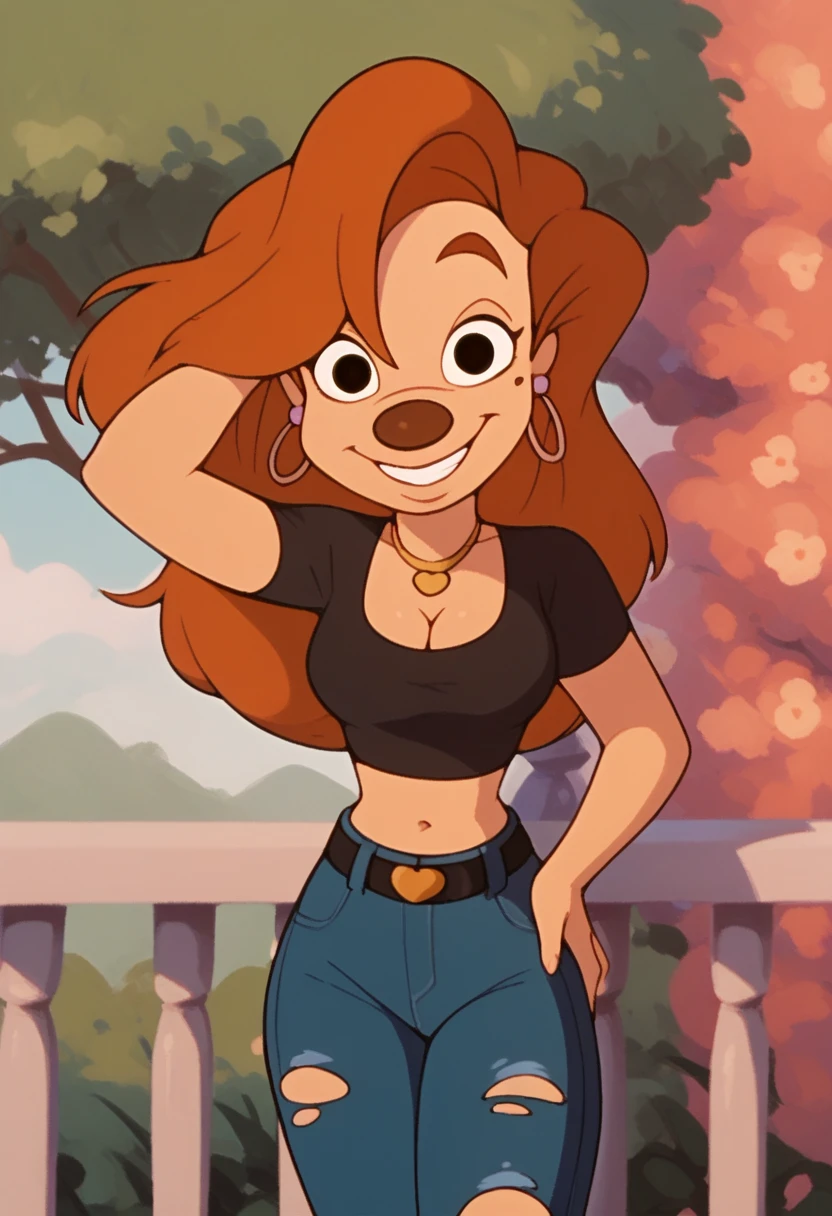 roxanne, 1girl, brown hair, long hair, solo, gold hoop earrings, jewelry, black eyes, black clothing cutout, black crop top, cleavage, smile, furry female, black clothes around waist, torn jeans, belt, score_9, score_8_up, score_7_up, score_6_up, score_5_up, score_4_up, looking at viewer, hand on own hip, cowboy shot, hand in own hair, outdoors,