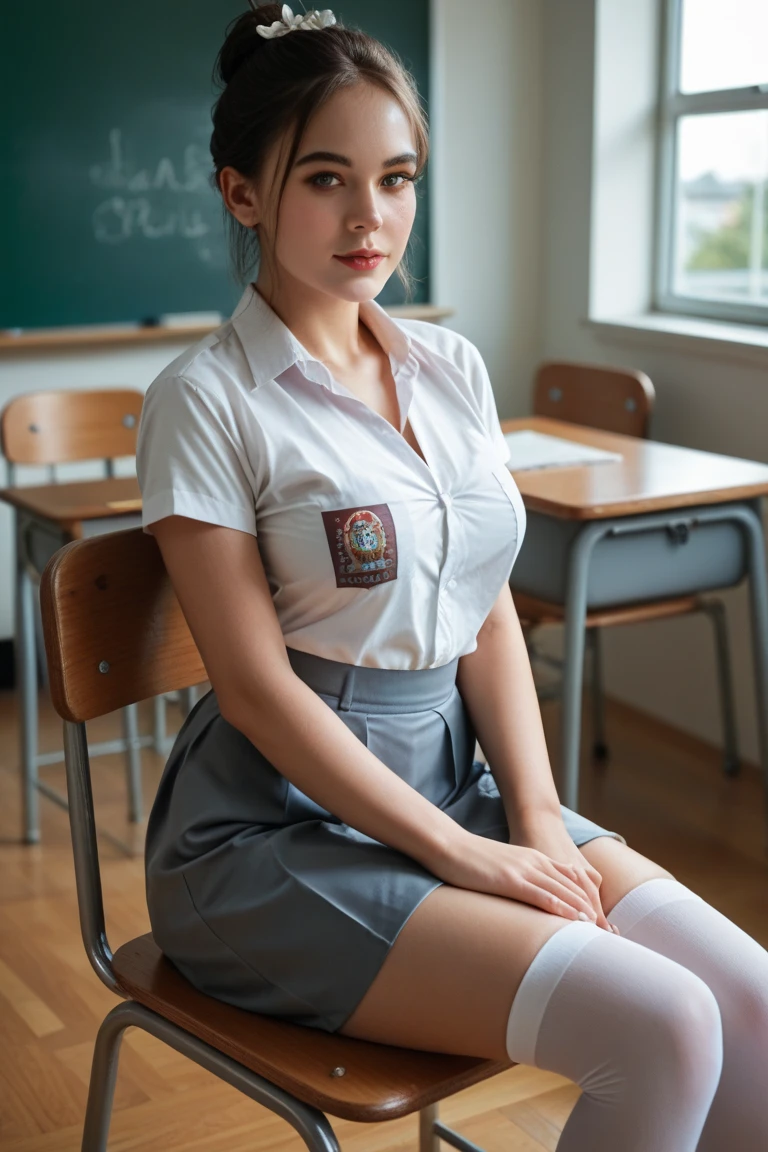 a beautiful indonesian girl, black tied hair. wear white school shirt nd grey skirt, high long white stocking, big breasts, sitting on the school chair in the classroom. Realistic photography, look at the viewer, 