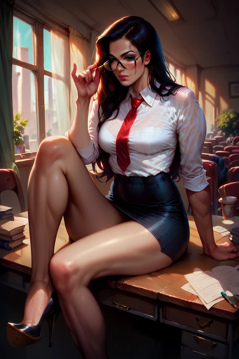 score_9, score_8_up, score_8_up, detailed illustration, realistic, 1girl, LraKinyX, long hair, Athletic body, fit body, toned legs, black pencil skirt, rectangular glasses, squared eyewear, white shirt, red short tie, high heels, stilletos, no underwear, detailed feet,sitting on desk, on a crowded office, looking at viewer, adjusting eyewear, shoe dangling, philon style