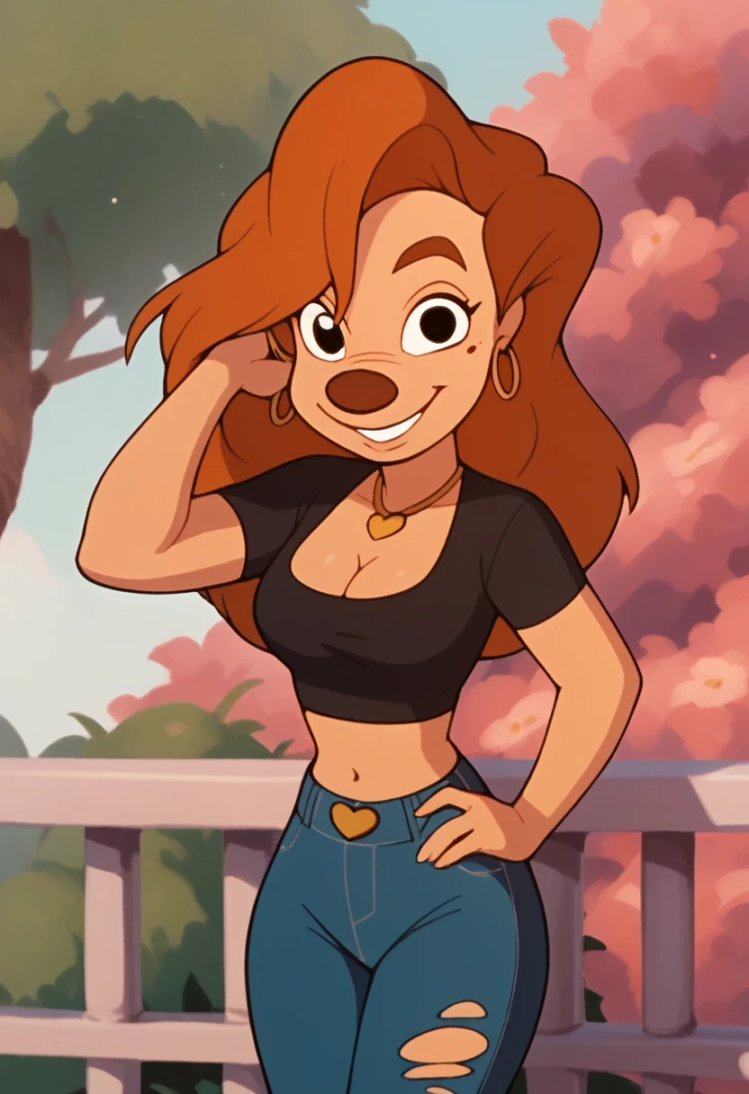 roxanne, 1girl, brown hair, long hair, solo, gold hoop earrings, jewelry, black eyes, black clothing cutout, black crop top, cleavage, smile, furry female, black clothes around waist, torn jeans, score_9, score_8_up, score_7_up, score_6_up, score_5_up, score_4_up, looking at viewer, hand on own hip, cowboy shot, hand in own hair, outdoors,