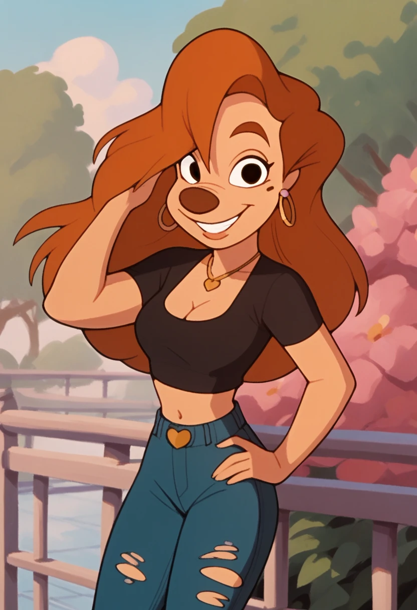 roxanne, 1girl, brown hair, long hair, solo, gold hoop earrings, jewelry, black eyes, black clothing cutout, black crop top, cleavage, smile, furry female, black clothes around waist, torn jeans, score_9, score_8_up, score_7_up, score_6_up, score_5_up, score_4_up, looking at viewer, hand on own hip, cowboy shot, hand in own hair, outdoors,